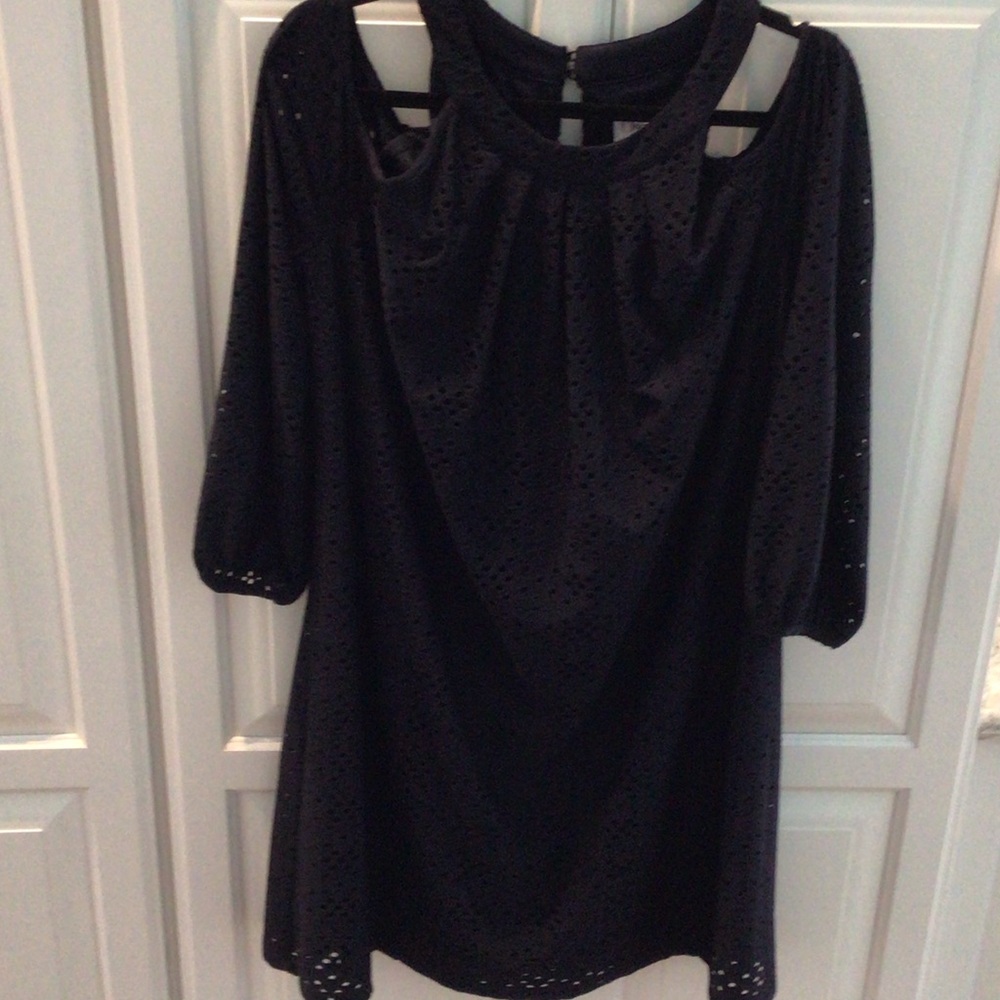 Maggy L -  Navy Blue Eyelet Cold-Shoulder Dress